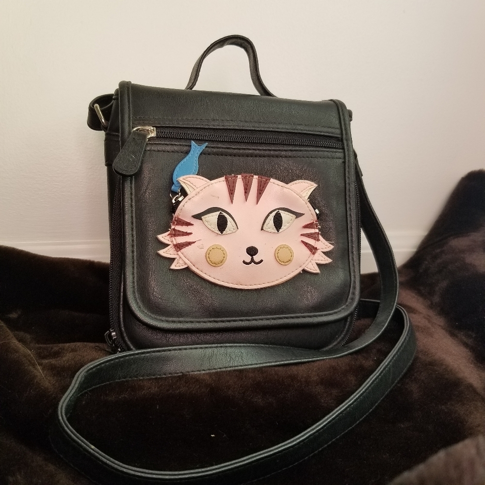 Vintage Black Leather Cat-Face Bag